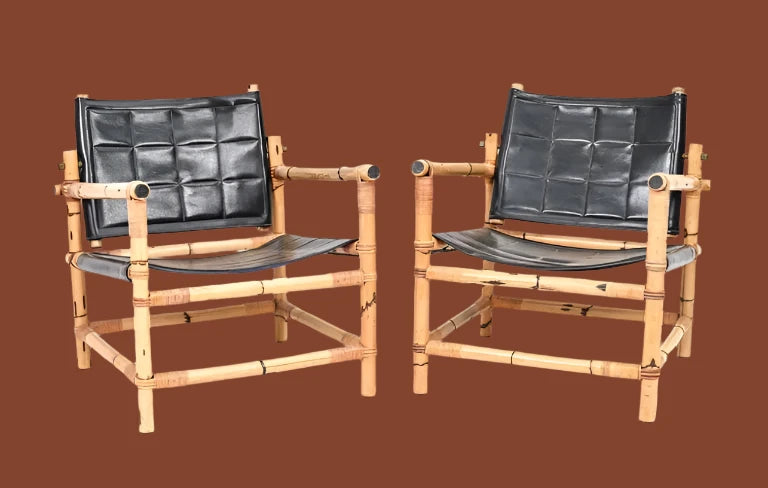 Pair of Vintage Danish Bamboo & Leather Safari Chairs