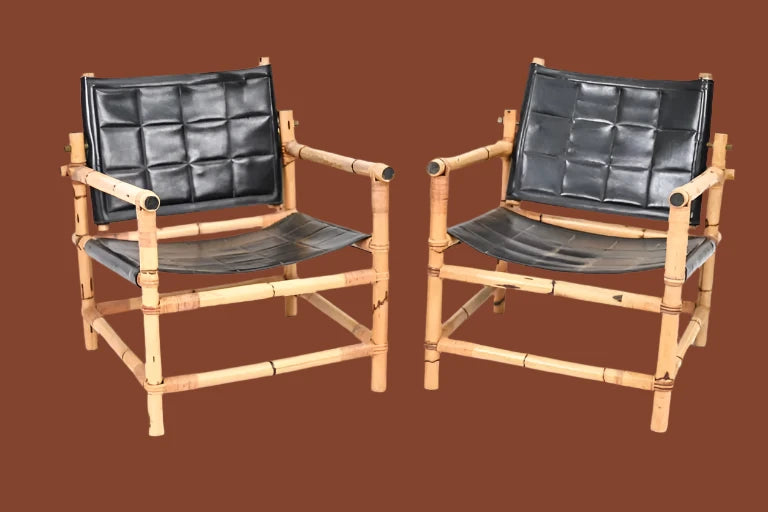 Pair of Vintage Danish Bamboo & Leather Safari Chairs