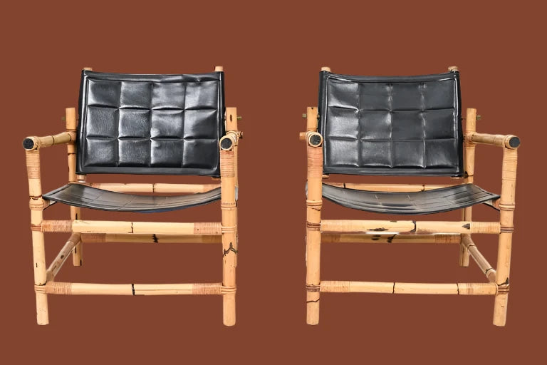 Pair of Vintage Danish Bamboo & Leather Safari Chairs