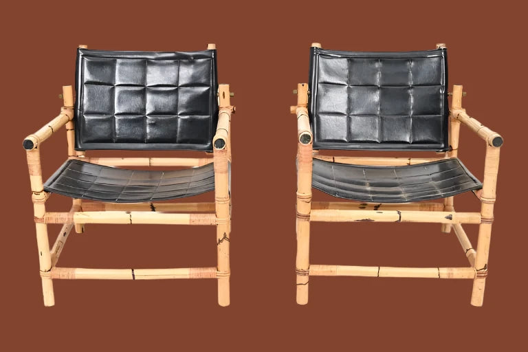 Pair of Vintage Danish Bamboo & Leather Safari Chairs