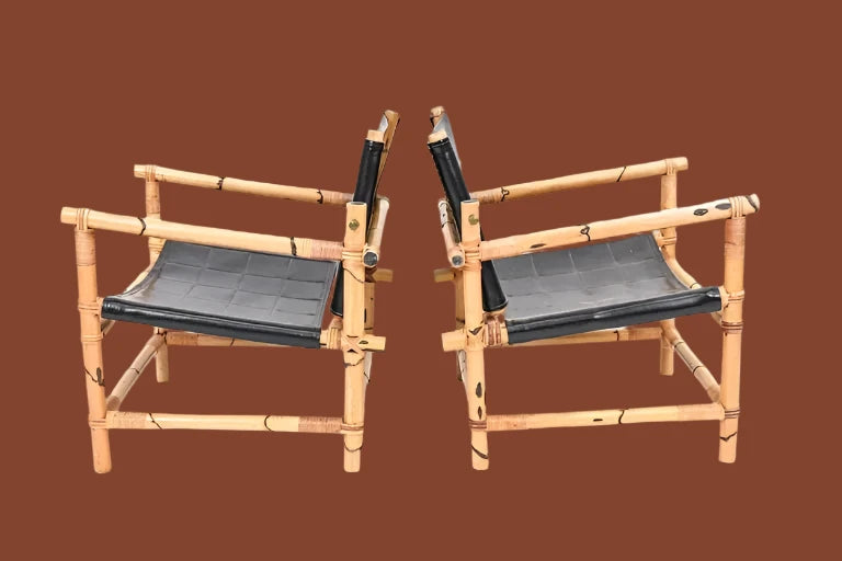 Pair of Vintage Danish Bamboo & Leather Safari Chairs