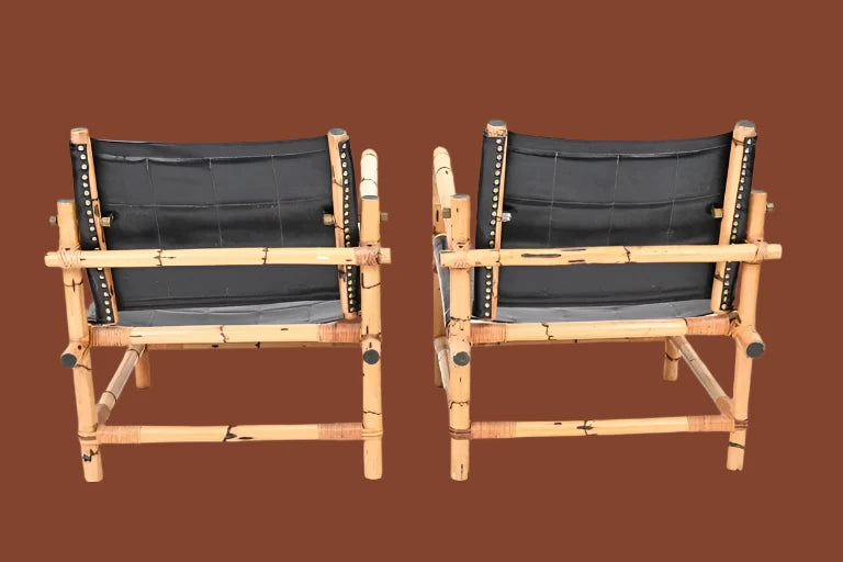 Pair of Vintage Danish Bamboo & Leather Safari Chairs