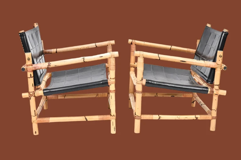 Pair of Vintage Danish Bamboo & Leather Safari Chairs